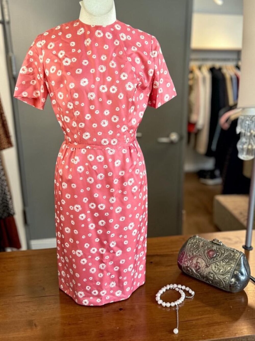 Vintage Salmon Pink Handmade Waisted Modest Sheath Dress